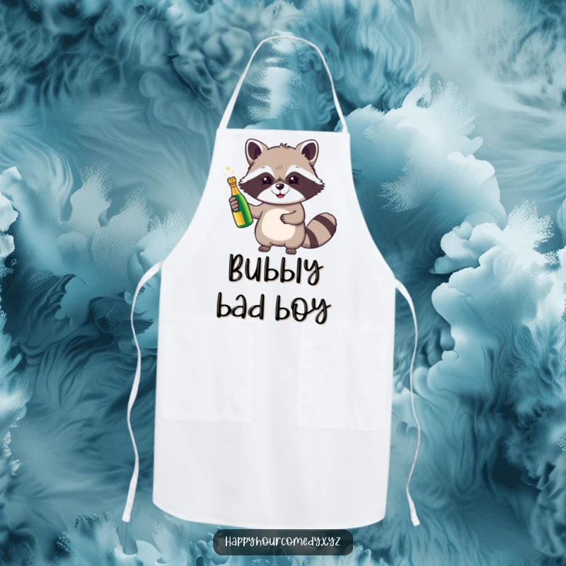 Funny Raccoon Champagne Apron shows a cheerful raccoon holding a tiny, sparkling champagne bottle, adding festive cheer to kitchen tasks.