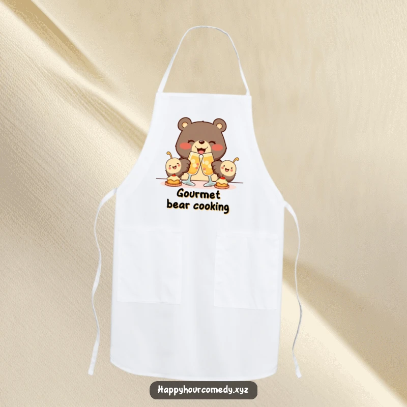 Funny Bear Appetizer Apron shows a joyous bear clinking glasses with tiny, smiling appetizers, adding festive cheer to cooking.