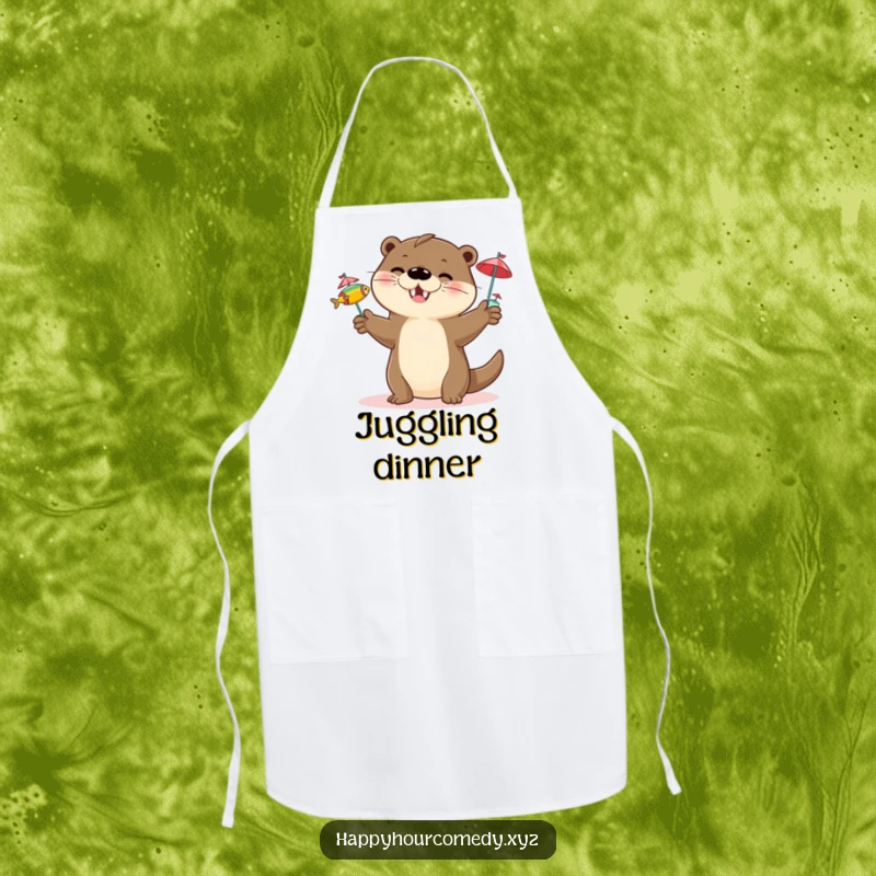 Funny Otter Juggling Apron: Happy otter character juggling three small fish with tiny cocktail umbrellas, practical funny gift.