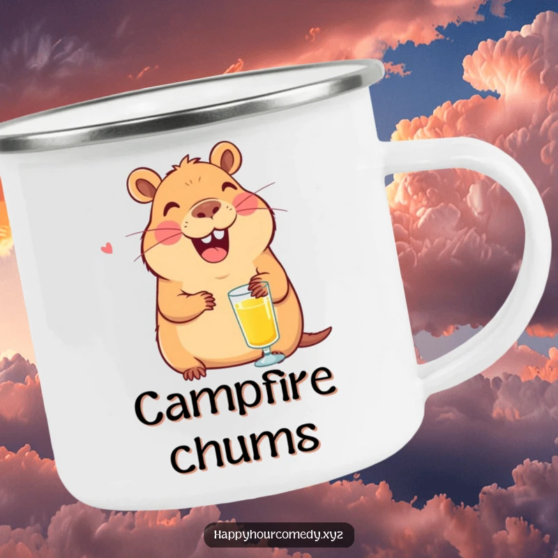 Funny Capybara Juice Camping Mug: Smiling capybara character laughing with a tiny glass of juice, durable funny gift.