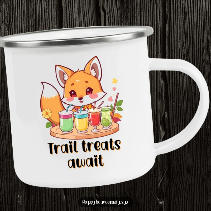 Funny Fox Drink Camping Mug: Curious fox character peeking excitedly at a tray of colorful drinks, durable funny gift.