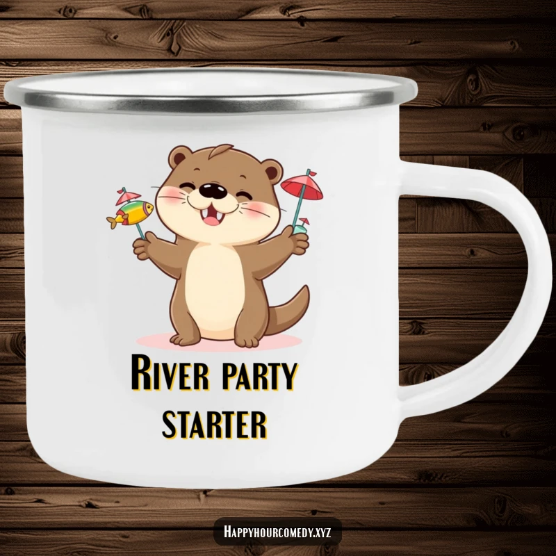 Funny Otter Juggling Camping Mug: Happy otter character juggling three small fish with tiny cocktail umbrellas, durable funny gift.