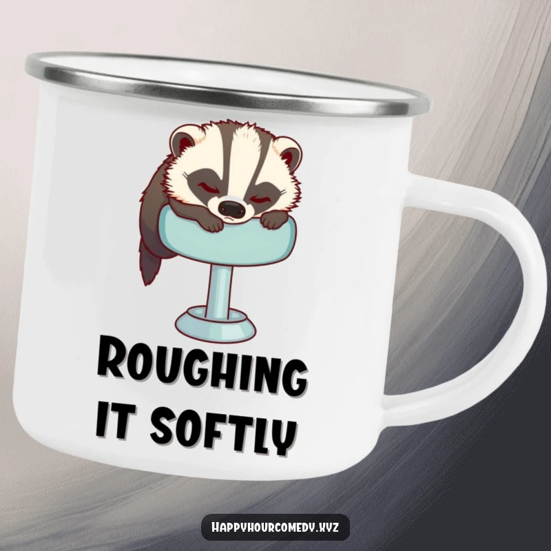Funny Sleepy Badger Camping Mug depicts a sleepy badger attempting to get comfortable on a plush bar stool, ready for cozy campfire moments.