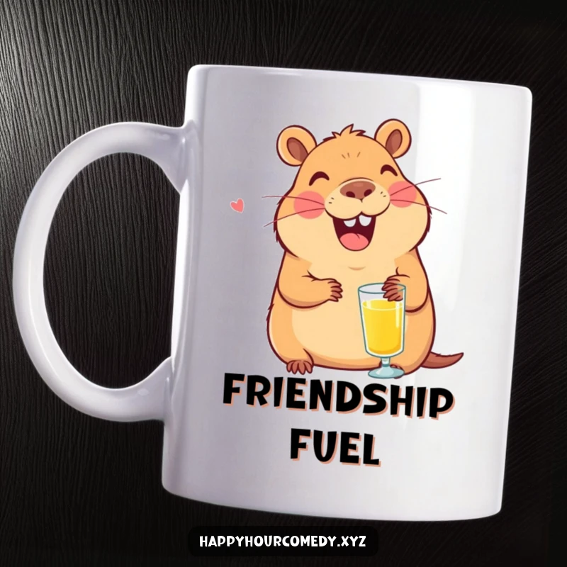 Funny Capybara Juice Mug: Smiling capybara character laughing, holding a tiny glass of juice, great funny gift.