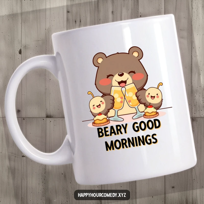 Funny Bear Appetizer Mug shows a joyous bear clinking glasses with a group of tiny, smiling appetizers, celebrating friendship and food.