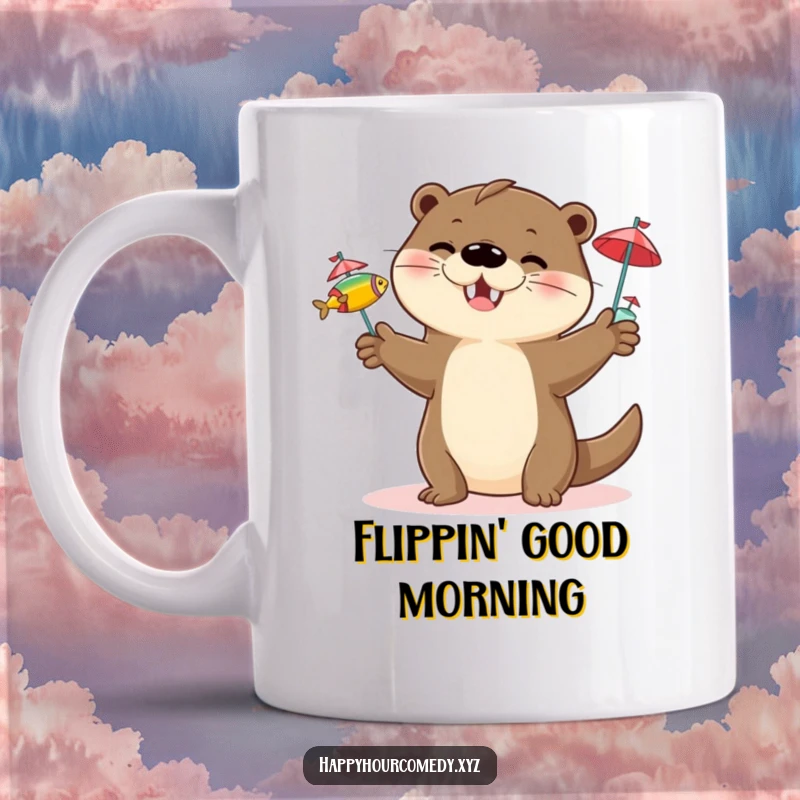 Funny Otter Juggling Mug: Happy otter character juggling three small fish with tiny cocktail umbrellas, perfect funny gift.