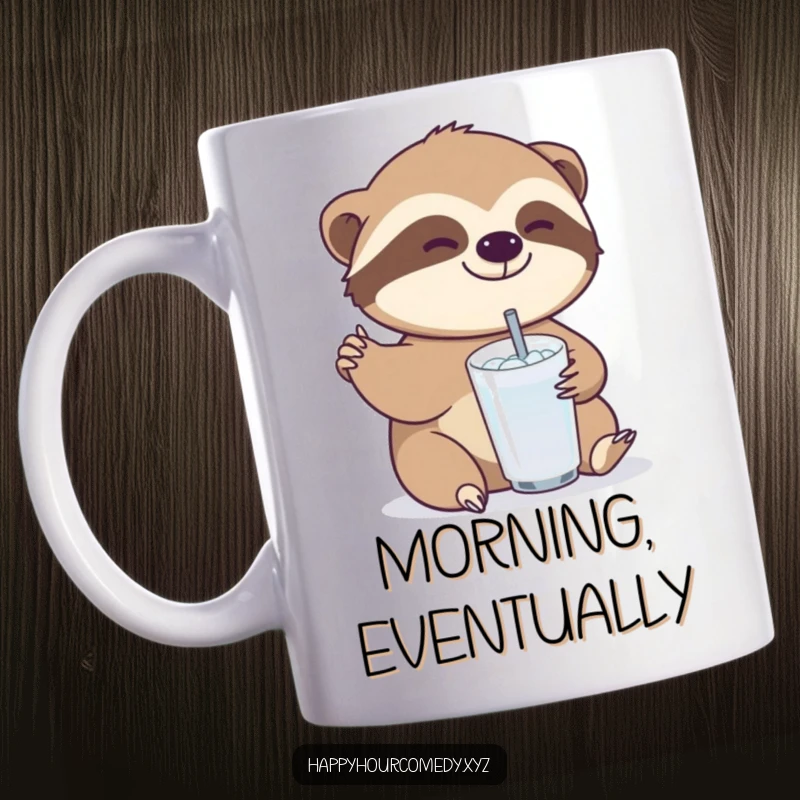 Funny Sloth Drink Mug: Joyful sloth character slowly reaching for a small, bubbly drink, perfect funny gift.