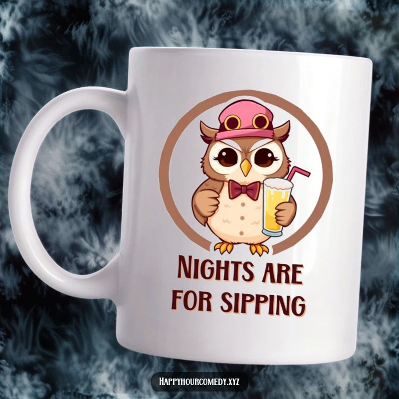 Funny Owl Bartender Mug featuring a happy, winking owl in a suit, expertly shaking a frothy cocktail, ready to serve up laughs.