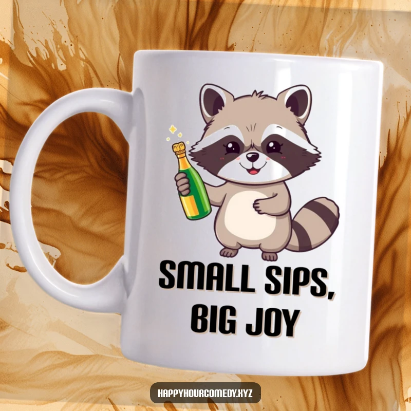Funny Raccoon Champagne Mug shows a cheerful raccoon holding a tiny, sparkling champagne bottle aloft, embodying pure celebratory joy.