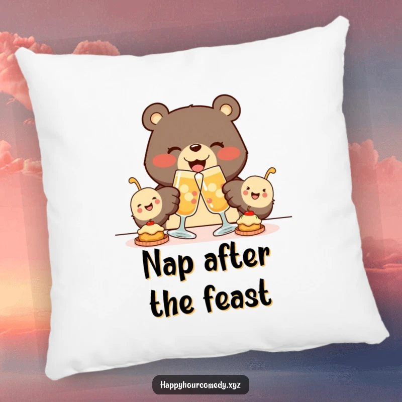 Funny Bear Appetizer Pillow features a joyous bear clinking glasses with tiny, smiling appetizers, offering comfort and a heartwarming touch.