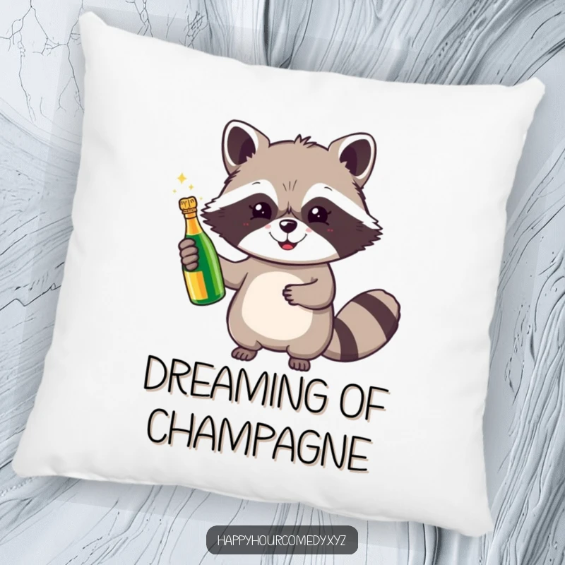 Funny Raccoon Champagne Pillow features a cheerful raccoon holding a tiny, sparkling champagne bottle, offering comfort and a festive touch.