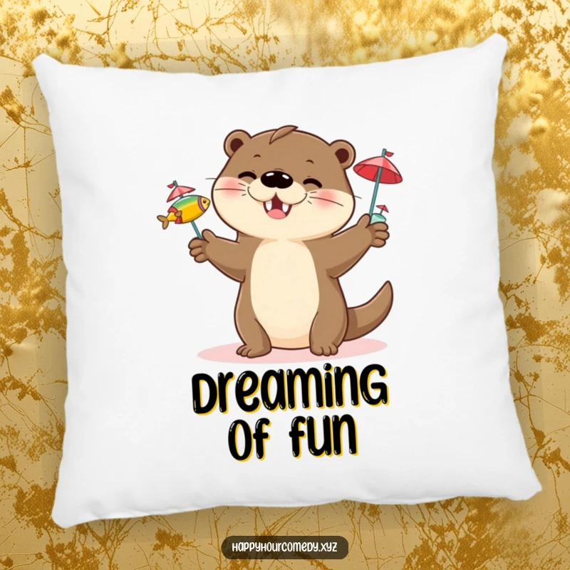 Funny Otter Juggling Pillow: Happy otter character juggling three small fish with tiny cocktail umbrellas, soft funny gift.