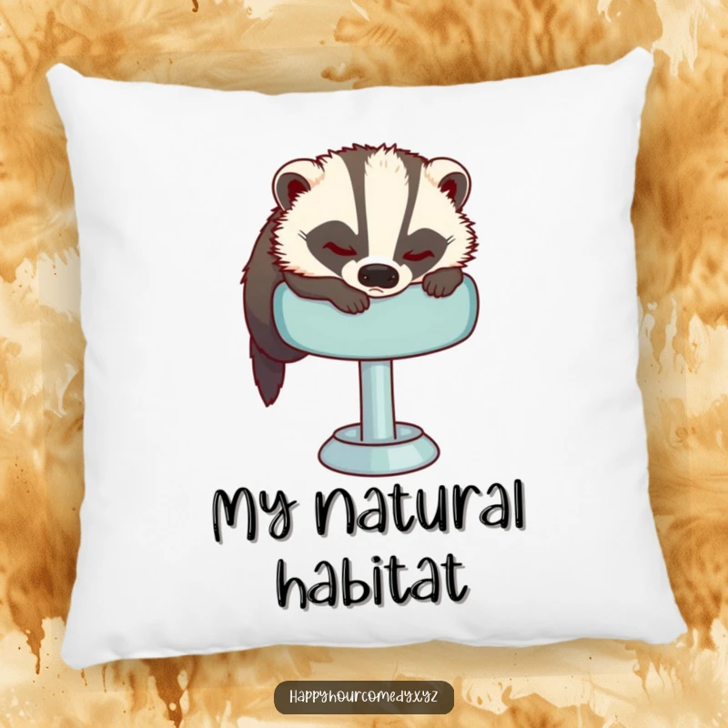Funny Sleepy Badger Pillow features a sleepy badger attempting to get comfortable on a plush bar stool, offering ultimate comfort and relaxation.