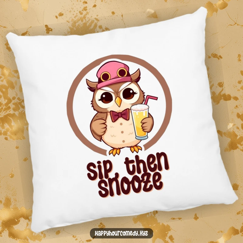 Funny Owl Bartender Pillow features a happy, winking owl dressed as a bartender, holding a drink, offering comfort and humorous flair.