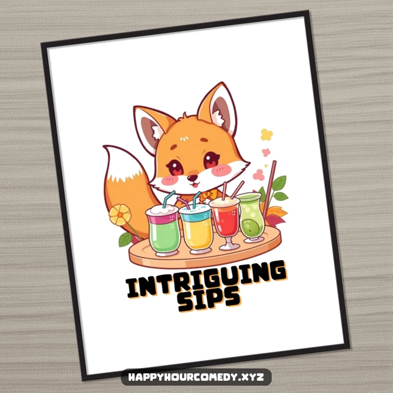 Funny Fox Drink Digital Art Print: Curious fox character peeking excitedly at a tray of colorful drinks, instant funny gift.