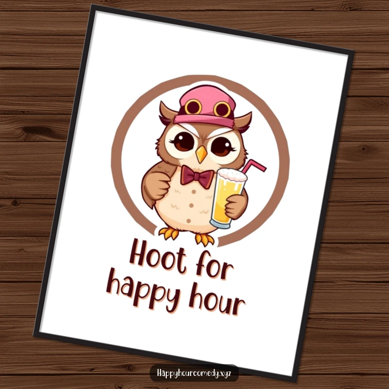 Funny Owl Bartender Digital Art Print features a happy, winking owl in bartender gear, holding a drink, perfect for framing and instant joy.