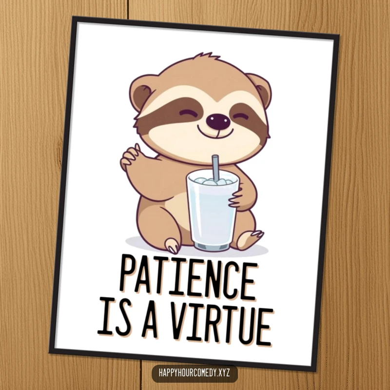 Funny Sloth Drink Digital Art Print: Joyful sloth character slowly reaching for a small, bubbly drink, instant funny gift.