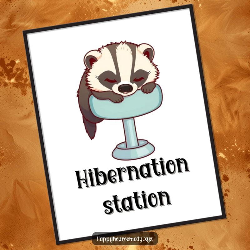 Funny Sleepy Badger Digital Art Print features a sleepy badger attempting to get comfortable on a plush bar stool, ready to bring instant relaxation.