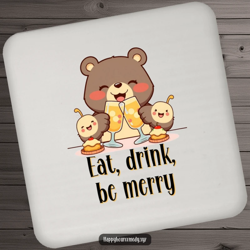 Funny Bear Appetizer Drink Coaster shows a joyous bear clinking glasses with tiny, smiling appetizers, preventing spills with foodie flair.