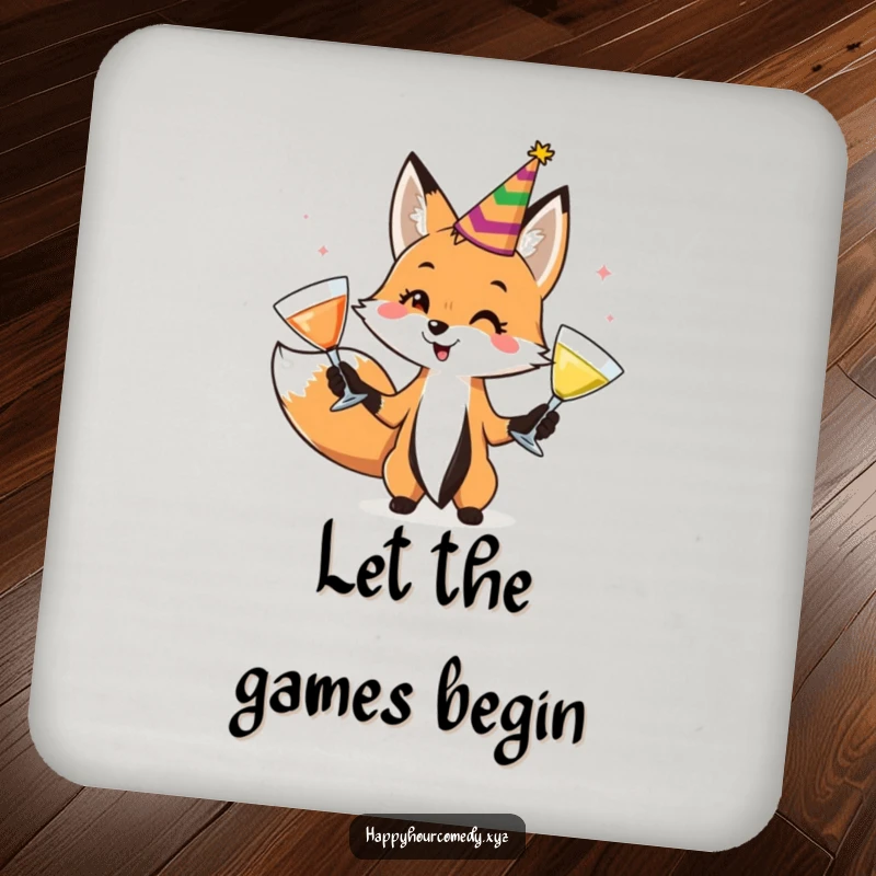 Funny Fox Juggler Drink Coaster shows a playful fox in a party hat, juggling cocktail glasses, preventing spills with festive charm.