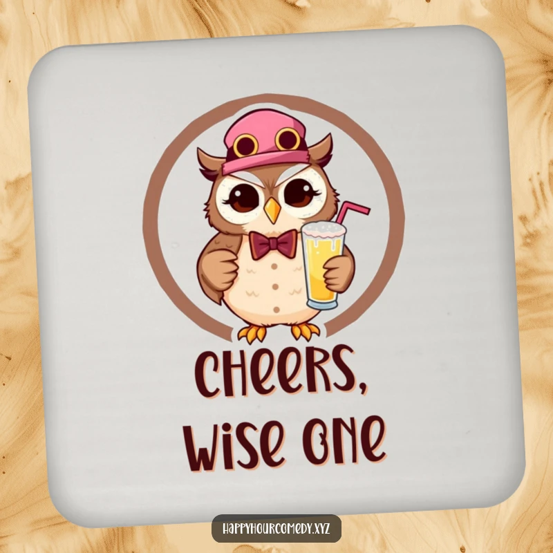 Funny Owl Bartender Drink Coaster shows a happy, winking owl dressed as a bartender, holding a frothy drink, preventing spills with style.