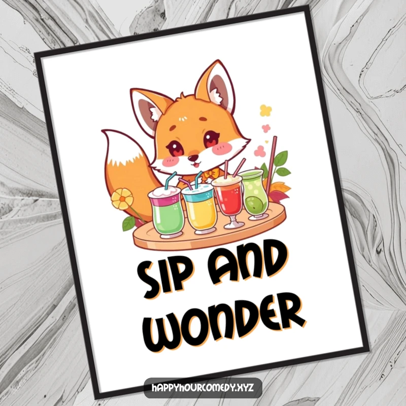 Funny Fox Drink Poster: Curious fox character peeking excitedly at a tray of colorful drinks, intriguing funny gift.