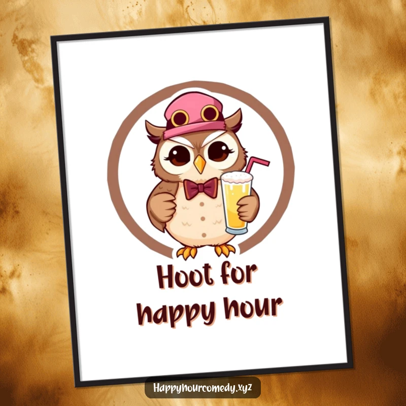 Funny Owl Bartender Poster displays a happy, winking owl in a bartender's uniform, holding a frothy drink, adding humor to any wall.
