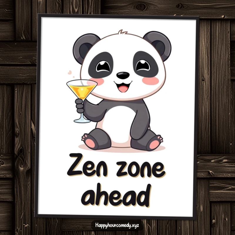 Funny Panda Martini Poster: Cute panda character smiling, raising a tiny martini glass, decorative funny gift.