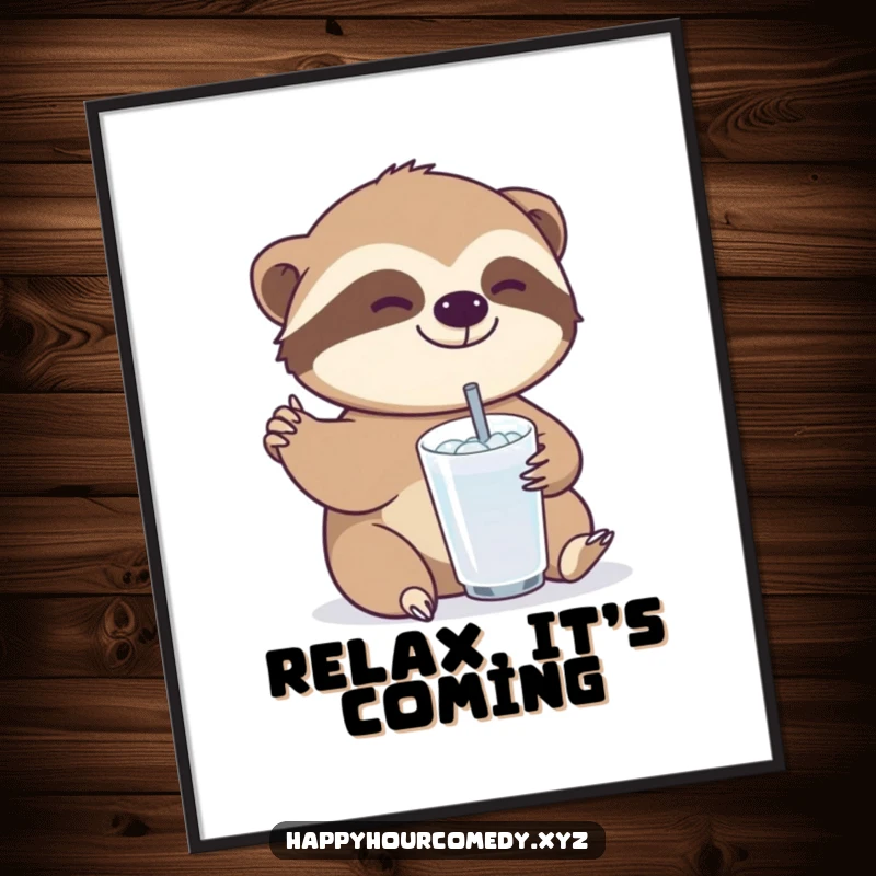 Funny Sloth Drink Poster: Joyful sloth character slowly reaching for a small, bubbly drink, quirky funny gift.