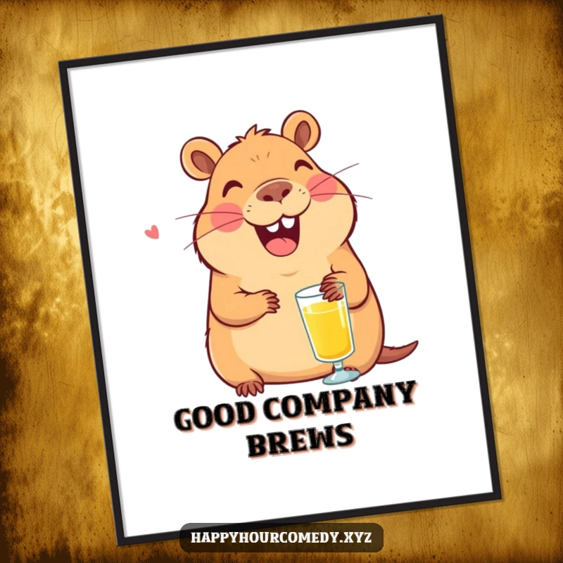 Funny Capybara Juice Poster: Smiling capybara character laughing with a tiny glass of juice, bright funny gift.