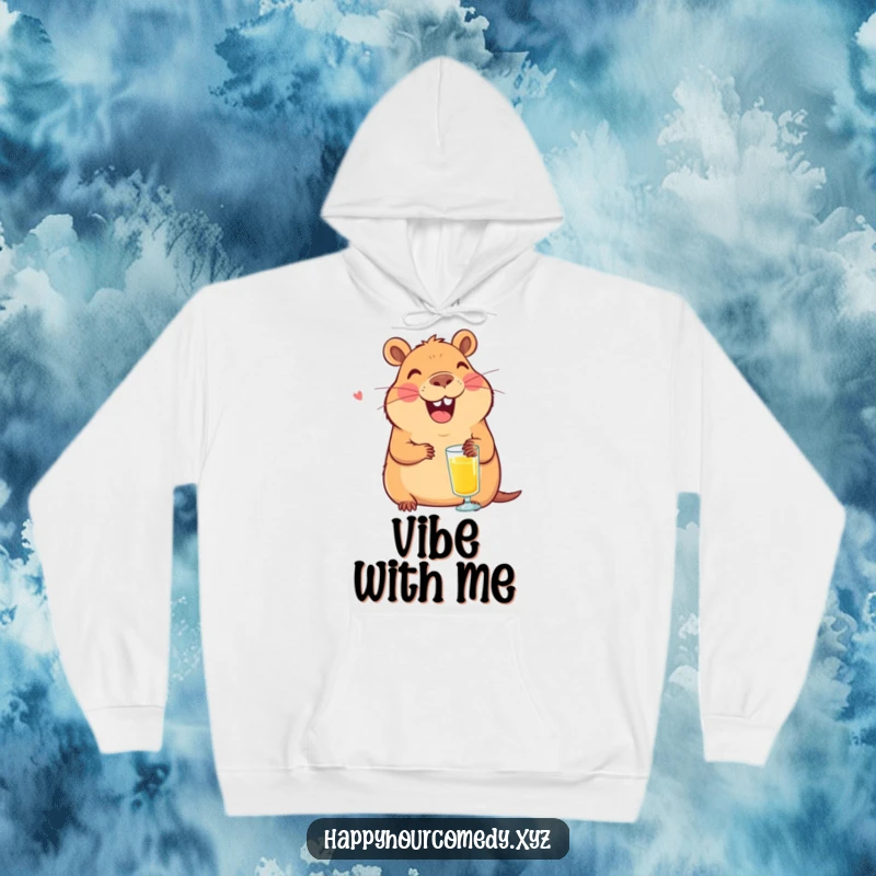 Funny Capybara Juice Hoodie: Smiling capybara character laughing with a tiny glass of juice, snuggly funny gift.