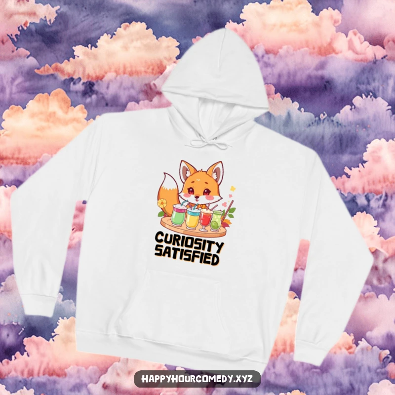 Funny Fox Drink Hoodie: Curious fox character peeking excitedly at a tray of colorful drinks, snuggly funny gift.