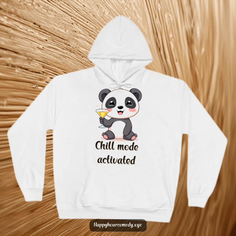 Funny Panda Martini Hoodie: Cute smiling panda character holding a tiny martini glass, cozy funny gift.