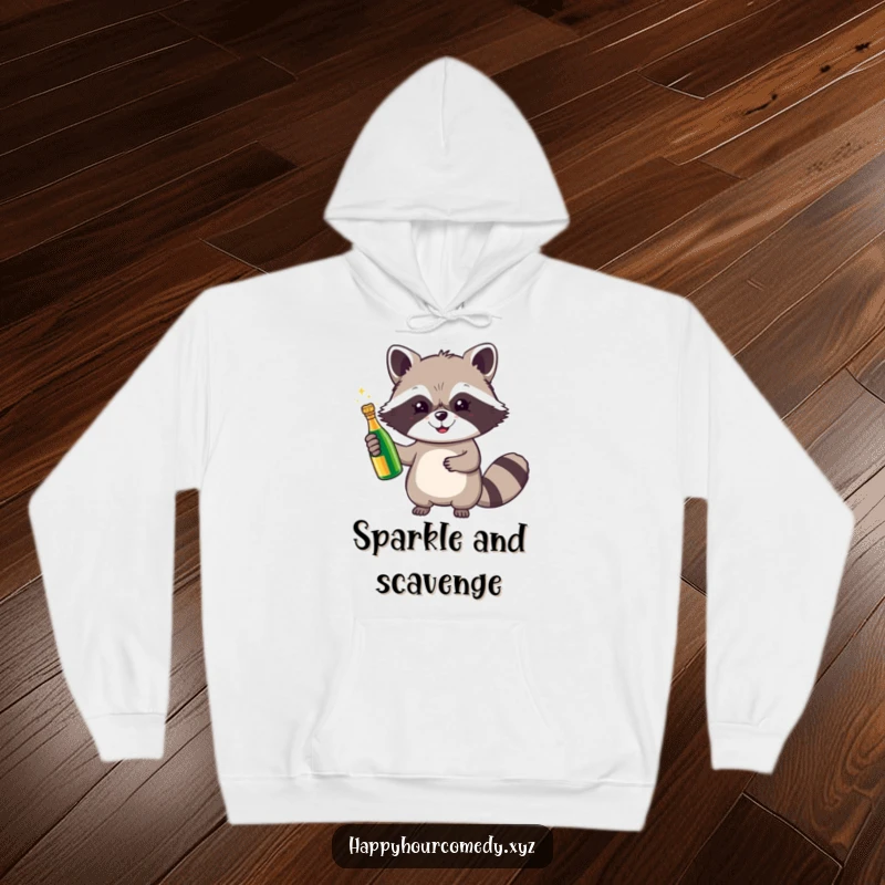 Funny Raccoon Champagne Hoodie shows a cheerful raccoon holding a tiny, sparkling champagne bottle, offering comfort and a celebratory mood.