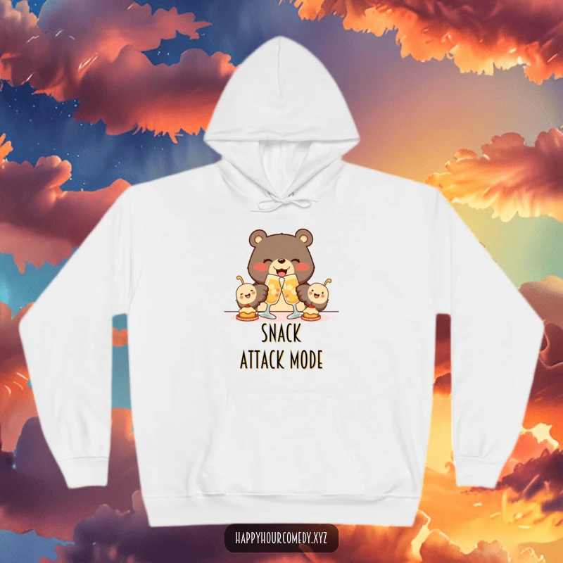 Funny Bear Appetizer Hoodie shows a joyous bear clinking glasses with tiny, smiling appetizers, offering comfort and a heartwarming scene.