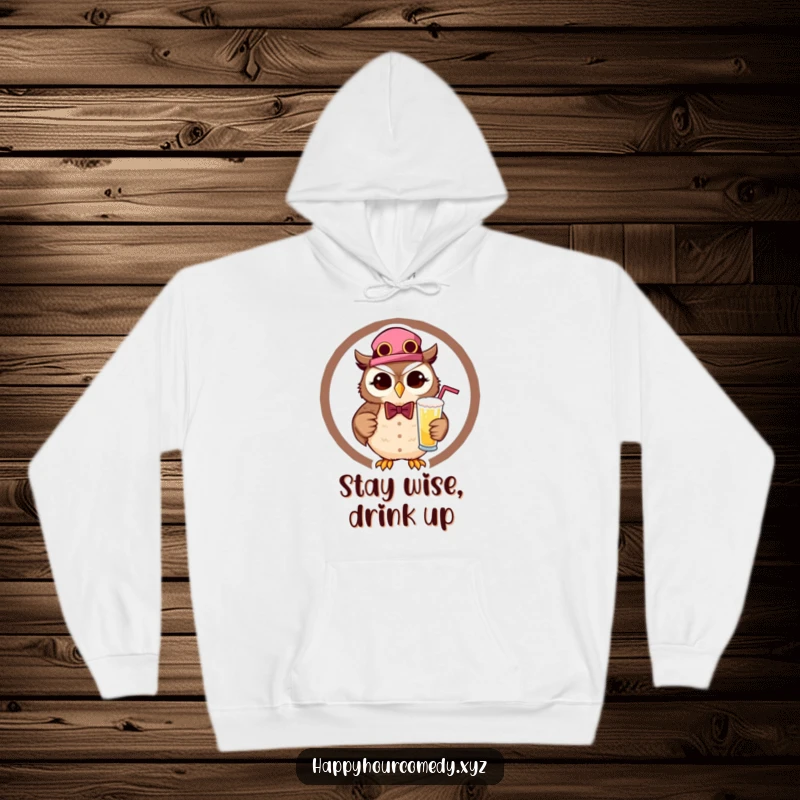 Funny Owl Bartender Hoodie depicts a happy, winking owl dressed for bartending, holding a frothy drink, radiating warmth and humor.