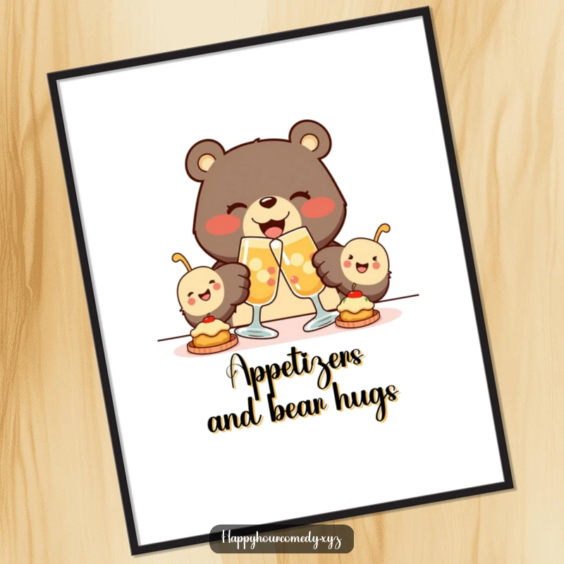 Funny Free Printable Wall Art: A happy bear clinks glasses with a group of tiny, smiling appetizers, a delightful scene for your wall.