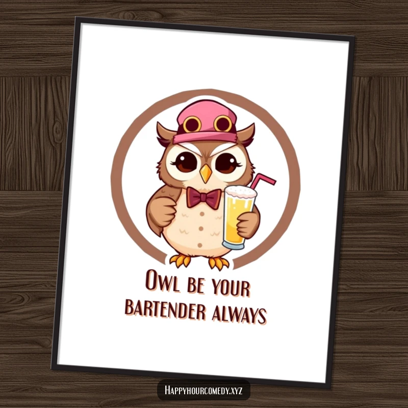 Funny Free Printable Wall Art: A charming owl bartender wearing a bowtie winks, holding a frothy cocktail for your wall.