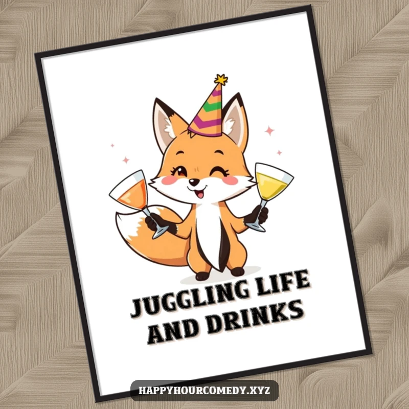 Funny Free Printable Wall Art: A fox wearing a party hat skillfully juggles three cocktail glasses, adding zest to your decor.