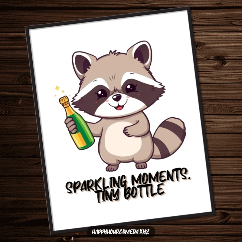 Funny Free Printable Wall Art: A cheerful raccoon holds a tiny, sparkling champagne bottle high, a symbol of celebration for your wall.