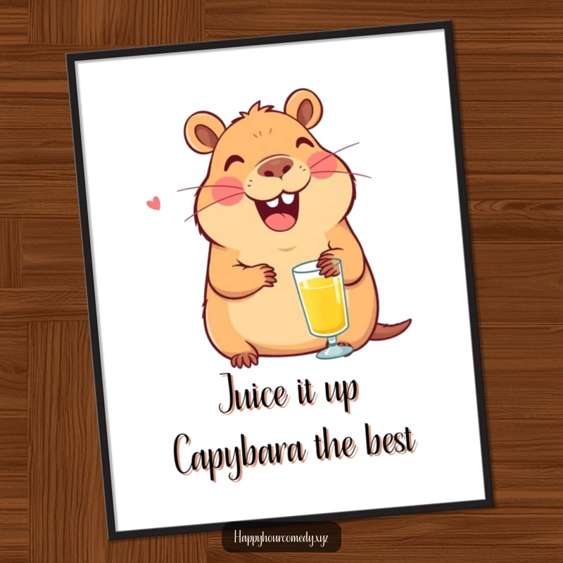 Funny Free Printable Capybara Juice Wall Art: Content capybara enjoys juice, embodying tranquility and friendly smiles.