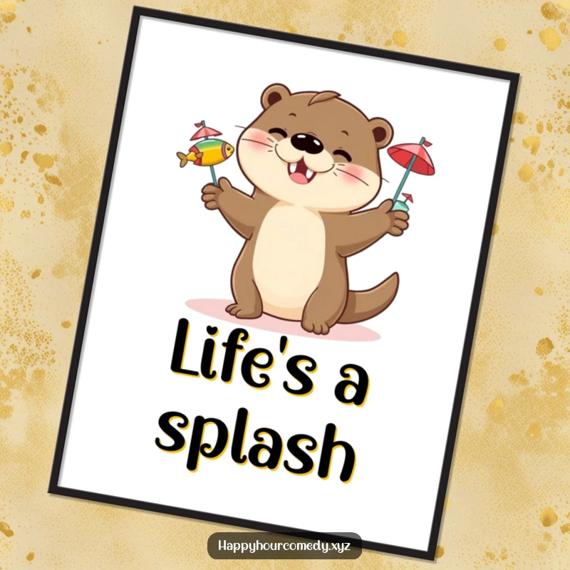 Funny Free Printable Otter Wall Art: Happy otter juggling fish with umbrellas, creating a whimsical and fun atmosphere.