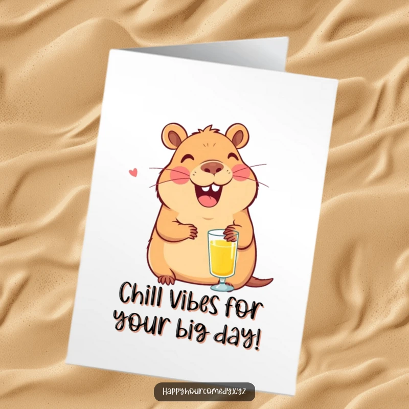 Funny Free Printable Capybara Birthday Card: Smiling capybara shares a juice drink, radiating friendship and birthday cheer.