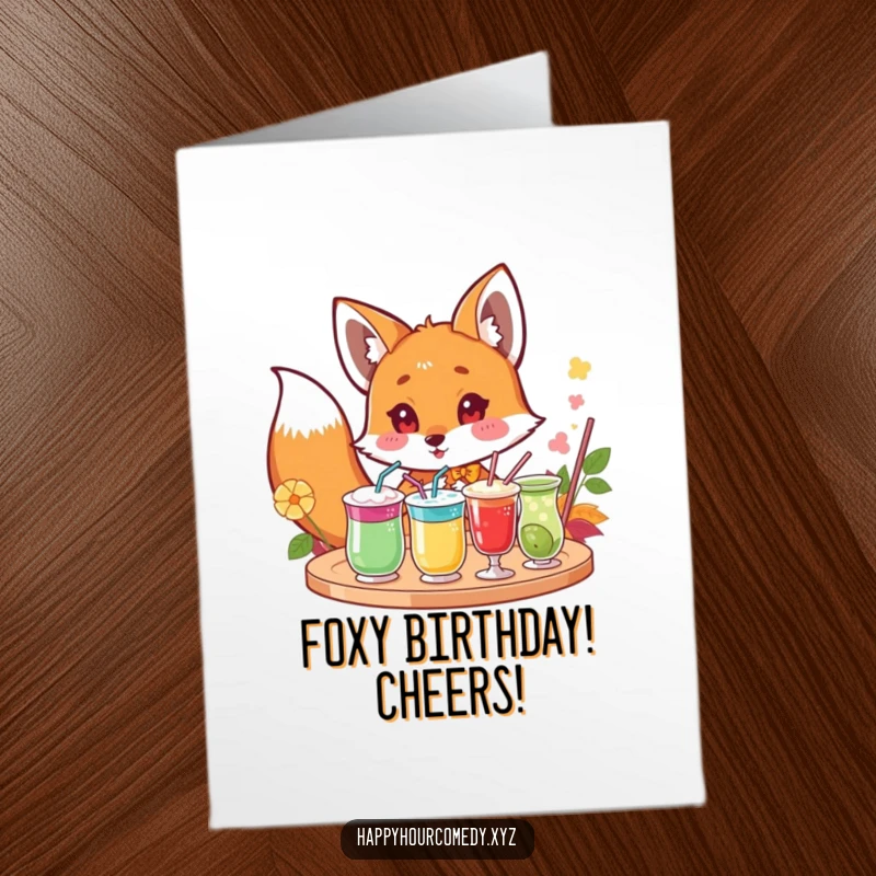Funny Free Printable Fox Birthday Card: Curious fox peeking at drinks, ready to celebrate a wild birthday.