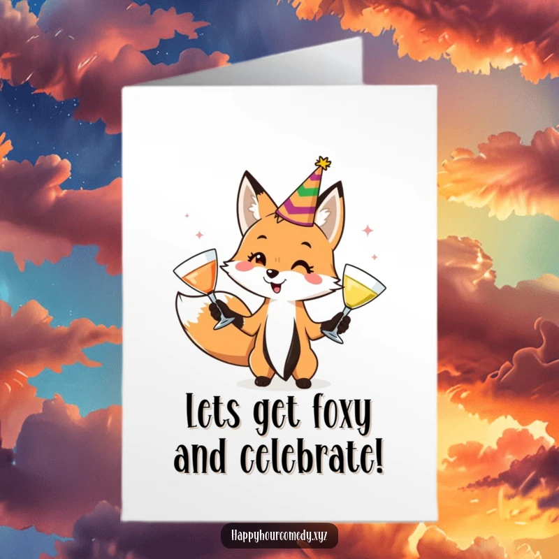 Funny Free Printable Birthday Card: A fox in a party hat expertly juggles three cocktail glasses, ready to celebrate.