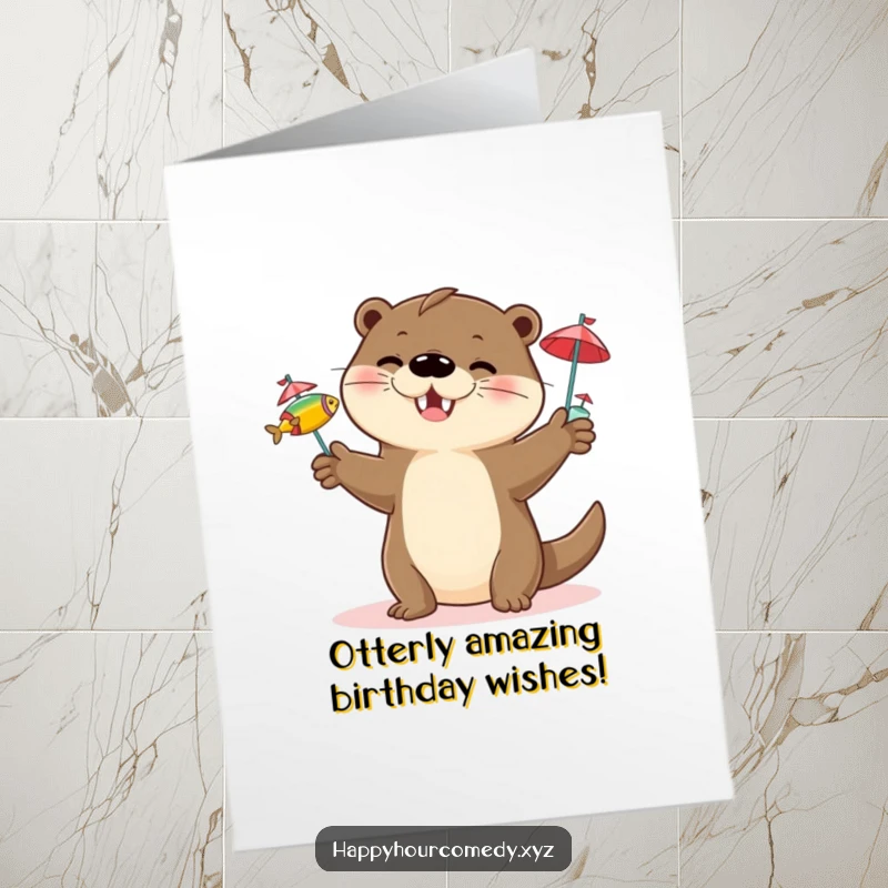 Funny Free Printable Otter Birthday Card: Happy otter juggles fish with umbrellas, celebrating a fun-filled birthday.