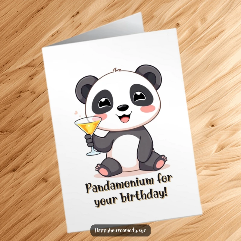 Funny Free Printable Panda Birthday Card: Cute panda smiles holding a tiny martini, perfect for a boozy birthday celebration.