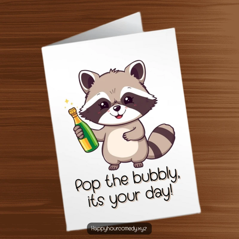 Funny Free Printable Birthday Card: A cheerful raccoon proudly holds up a tiny, sparkling champagne bottle, ready to celebrate.