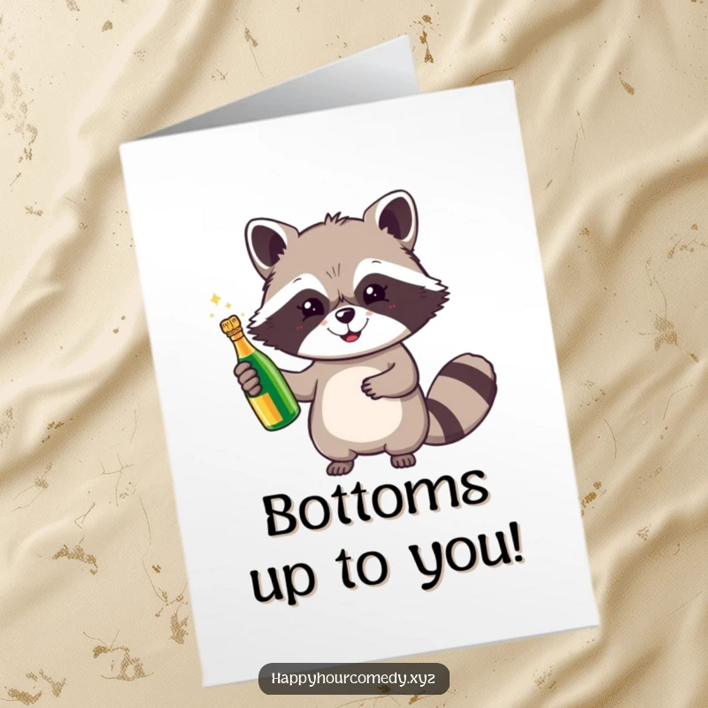 Free Printable Congratulations Card: A happy raccoon lifts a tiny, sparkling champagne bottle, cheering for your success.