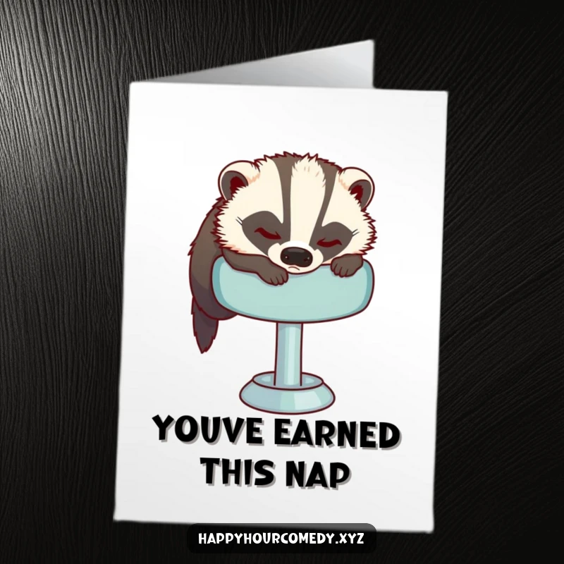Free Printable Congratulations Card: A sleepy badger tries to find comfort on a plush bar stool, embodying relaxation after their success.